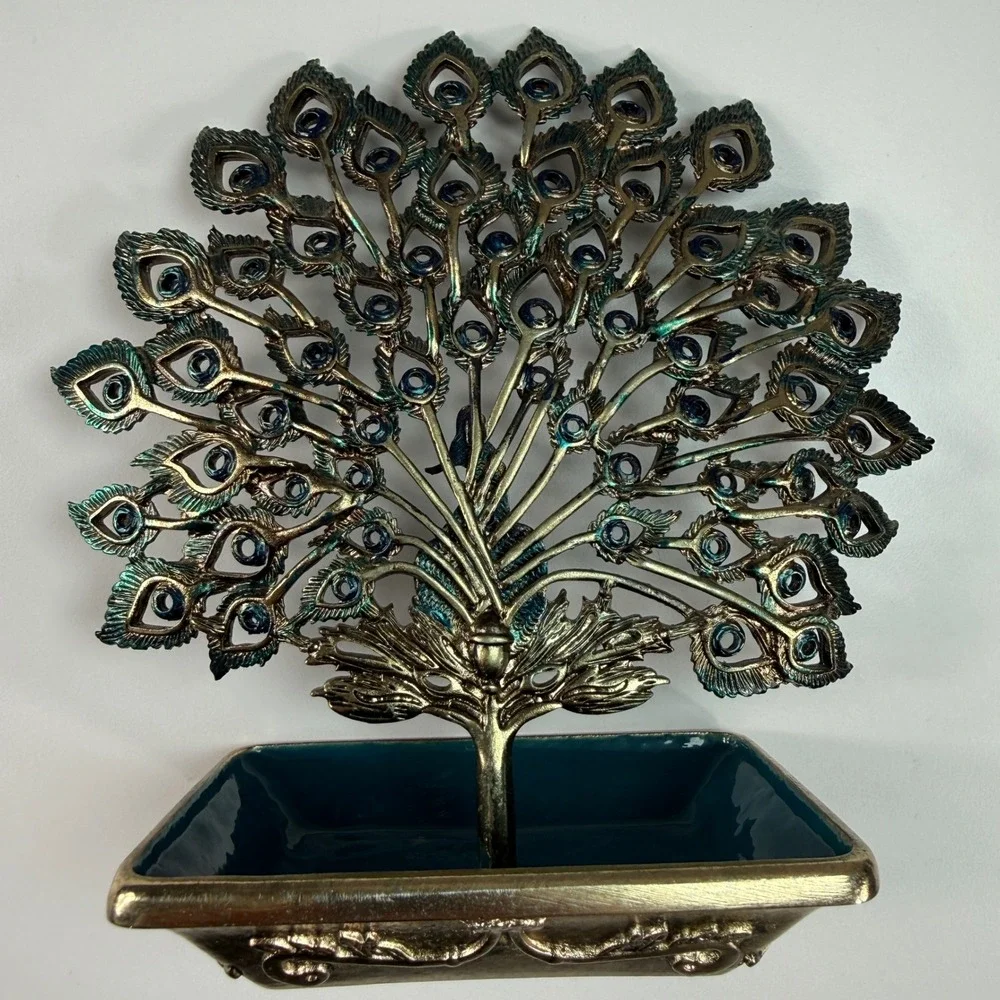 Peacock‎ Jewelry Holder Trinket Dish Teal Gold Metal Decorative Vanity Display